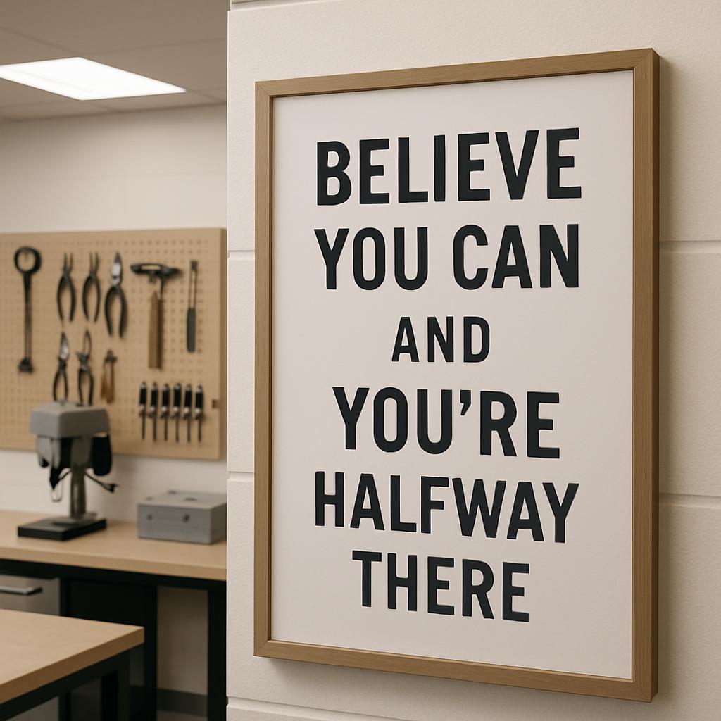 The alt text is: A motivational sign in the background of a workshop.