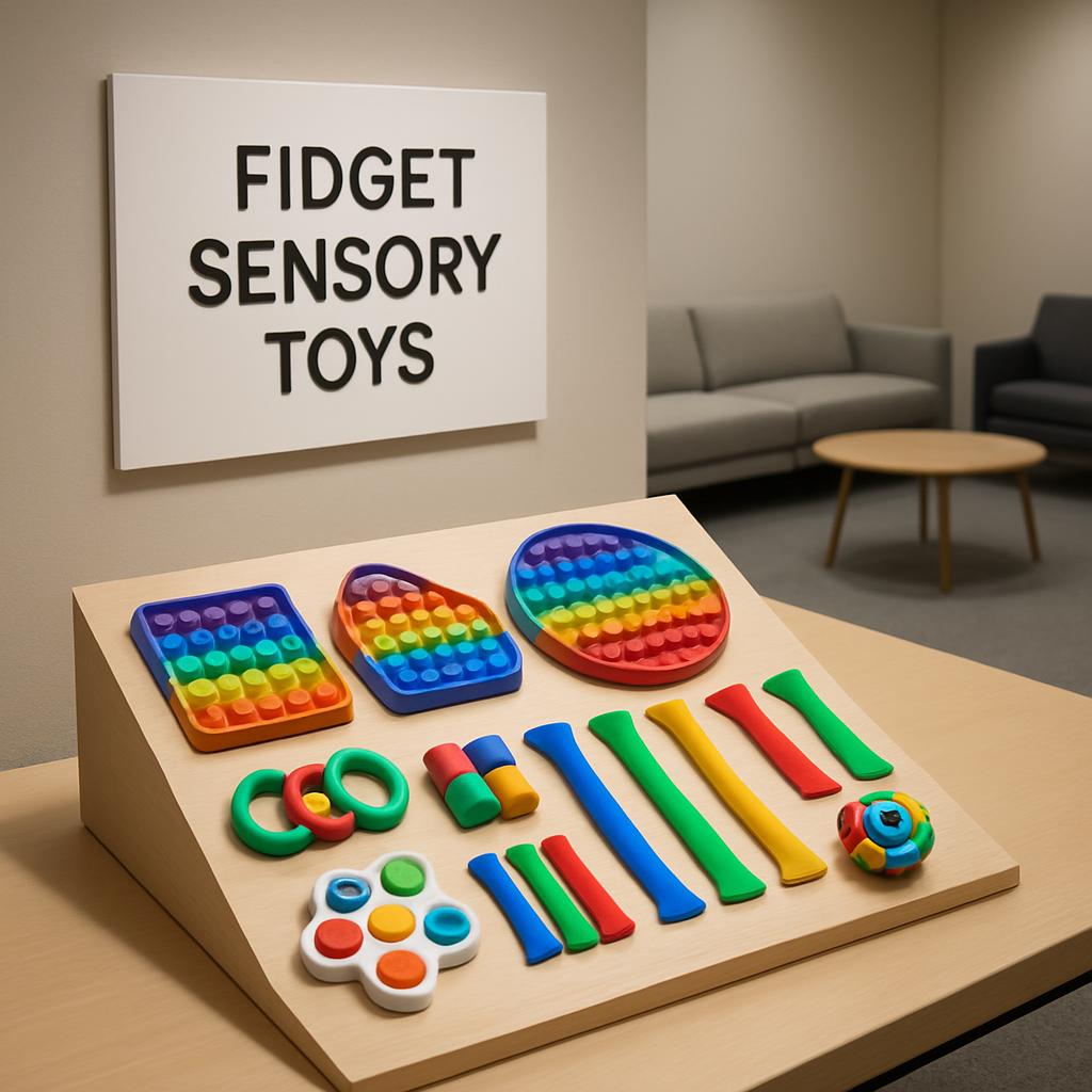 Image of a fidget sensory toys display in a clinical setting with the words "Fidget Sensory Toys" on the wall behind it.